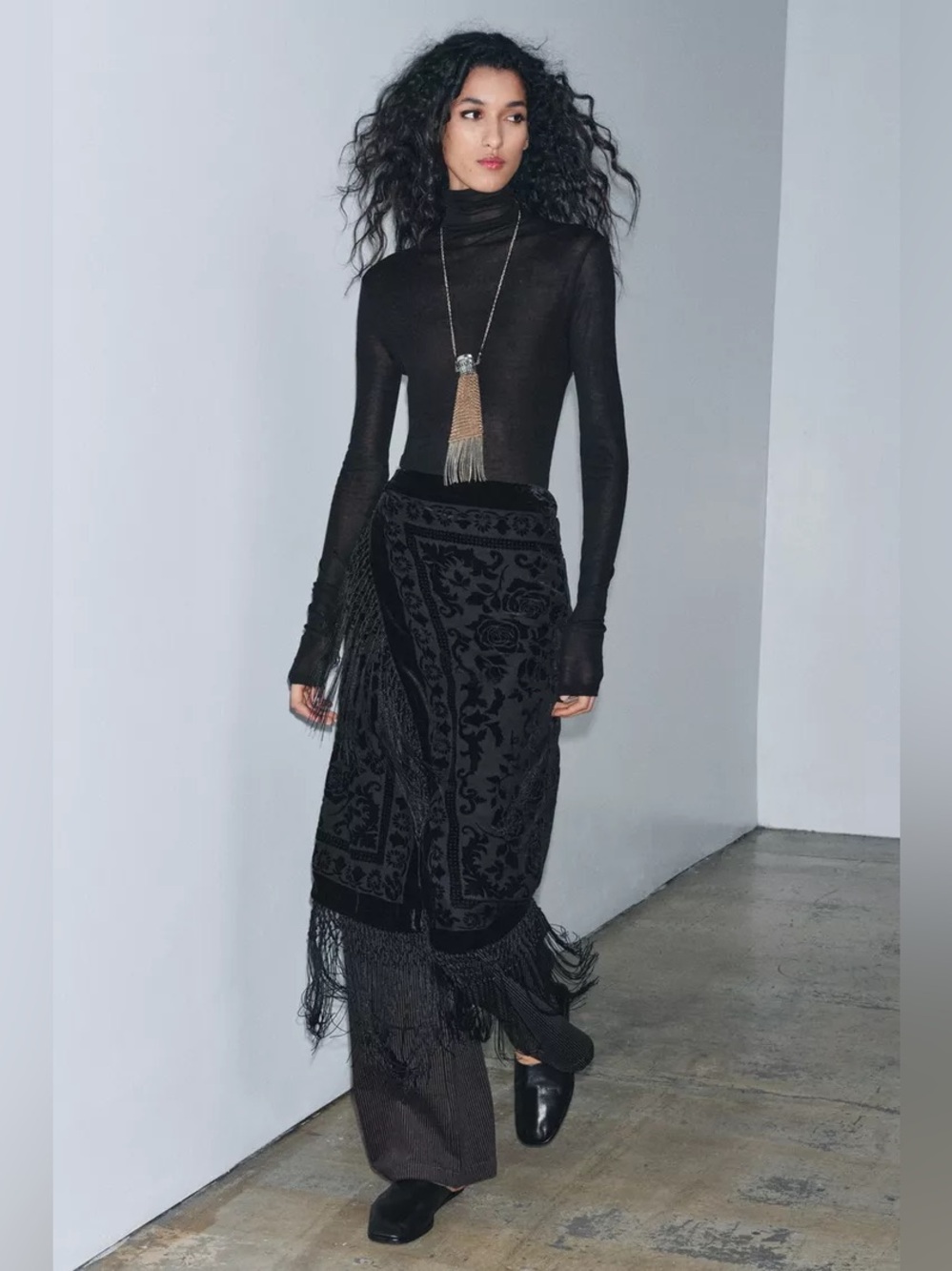 Zara Black Velvet Fringe Wrap Midi Skirt